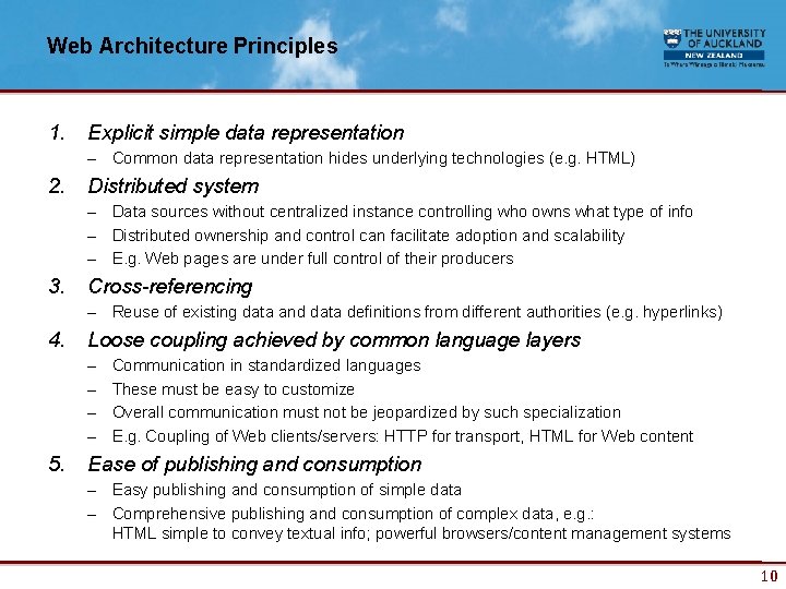 Web Architecture Principles 1. Explicit simple data representation – Common data representation hides underlying