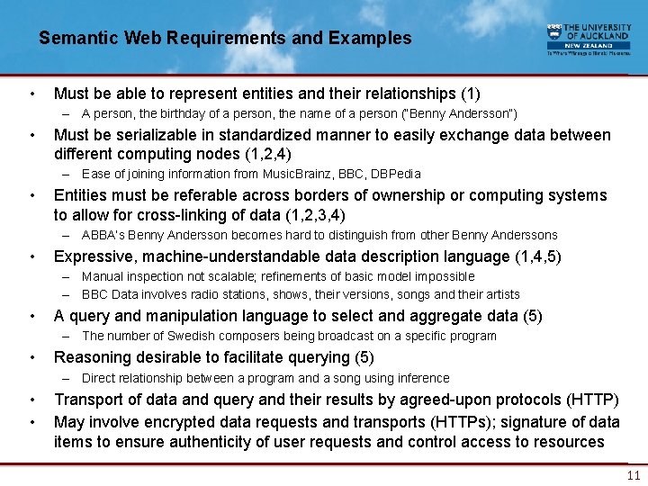 Semantic Web Requirements and Examples • Must be able to represent entities and their