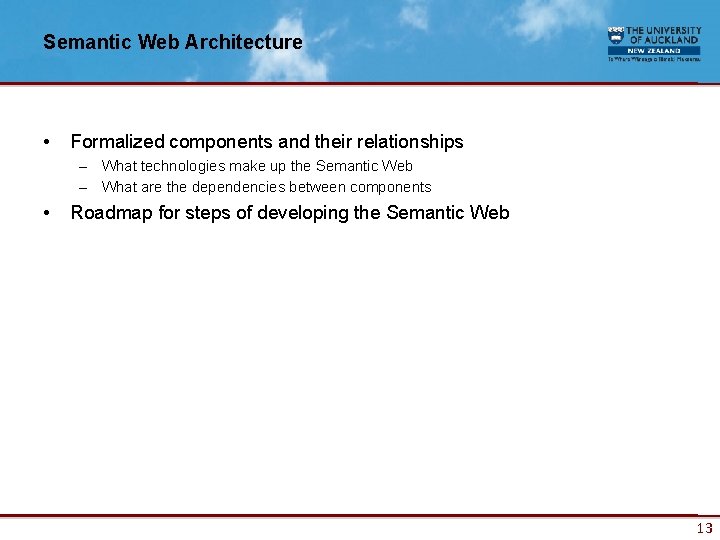 Semantic Web Architecture • Formalized components and their relationships – What technologies make up