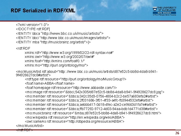 RDF Serialized in RDF/XML <? xml version=“ 1. 0”> <!DOCTYPE rdf: RDF[ <!ENTITY bbca