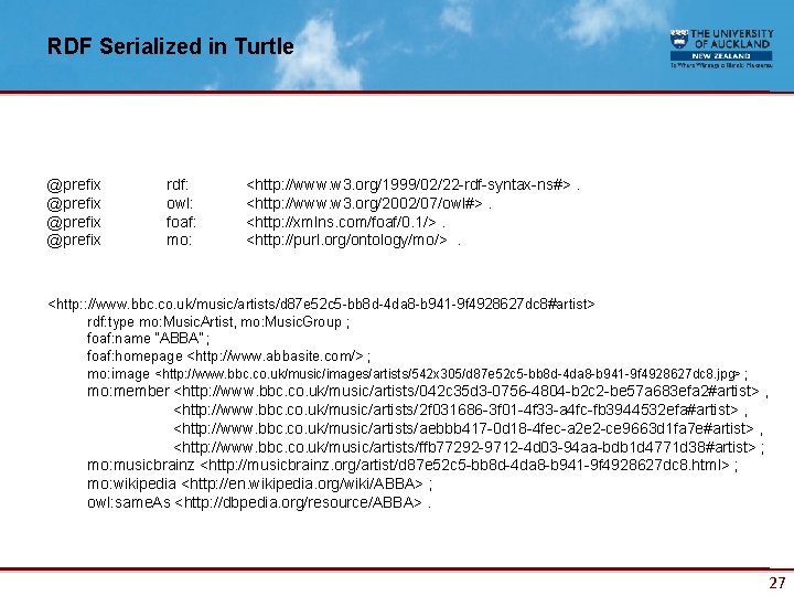 RDF Serialized in Turtle @prefix rdf: owl: foaf: mo: <http: //www. w 3. org/1999/02/22