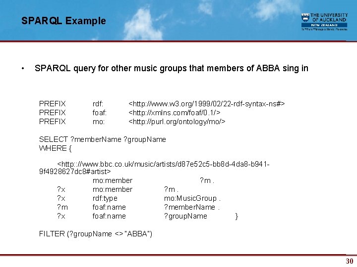SPARQL Example • SPARQL query for other music groups that members of ABBA sing