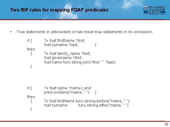 Two RIF rules for mapping FOAF predicates • True statements in antecedent of rule