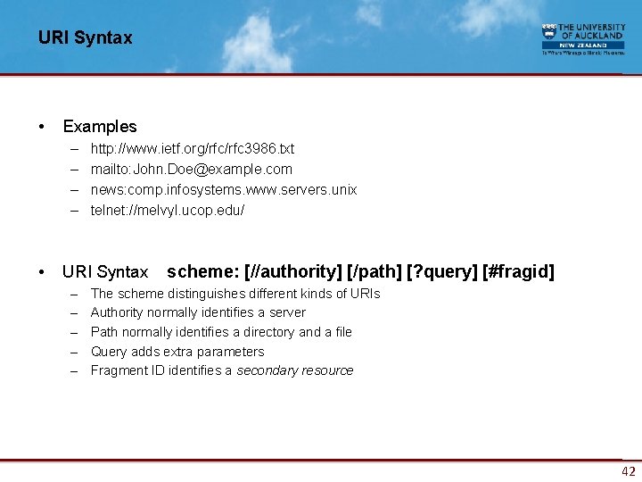 URI Syntax • Examples – – • http: //www. ietf. org/rfc 3986. txt mailto: