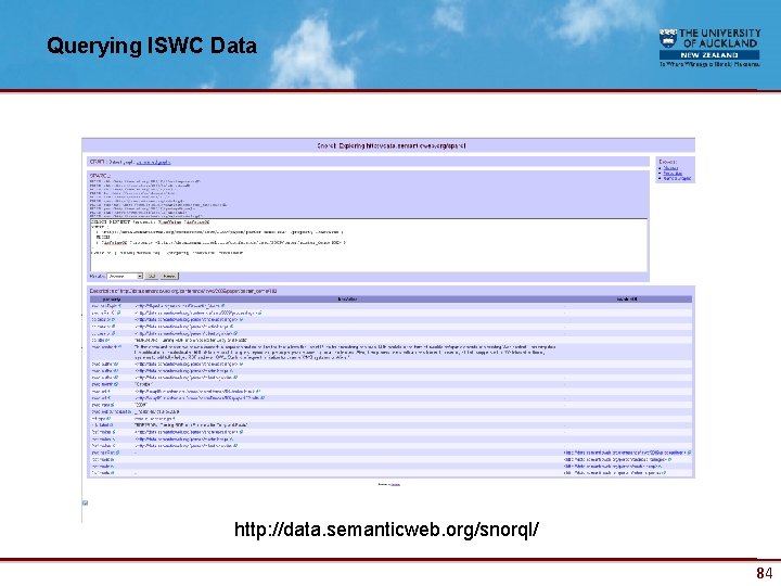 Querying ISWC Data http: //data. semanticweb. org/snorql/ 84 