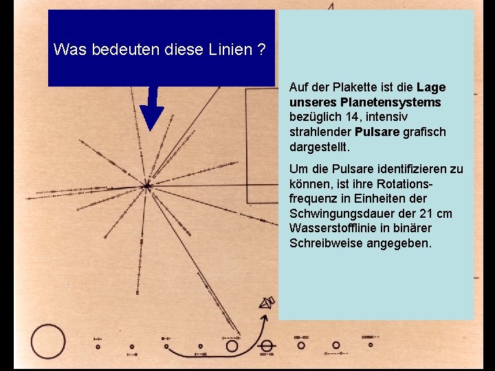 Was bedeuten diese Linien ? Auf der Plakette ist die Lage unseres Planetensystems bezüglich