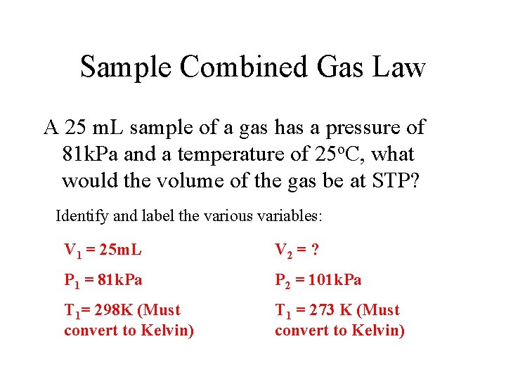 Sample Combined Gas Law A 25 m. L sample of a gas has a