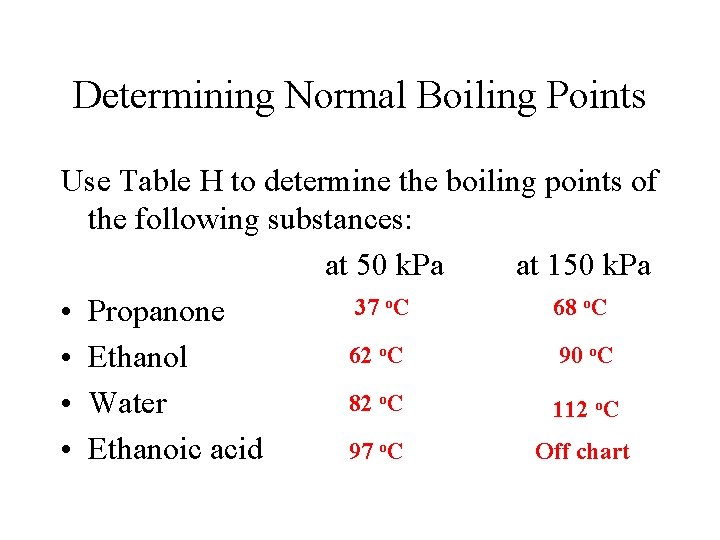 Determining Normal Boiling Points Use Table H to determine the boiling points of the