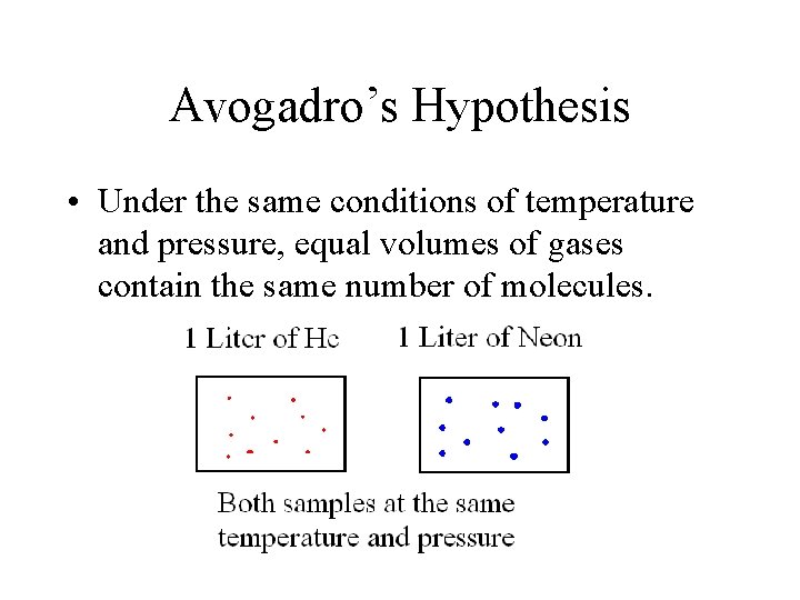 Avogadro’s Hypothesis • Under the same conditions of temperature and pressure, equal volumes of