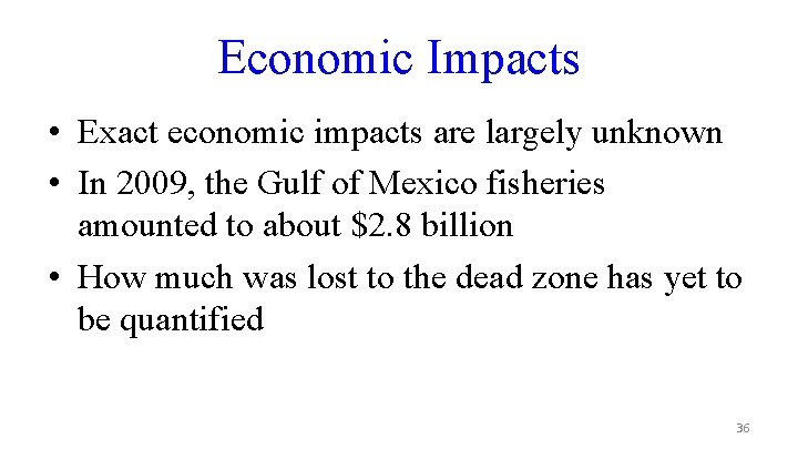 Economic Impacts • Exact economic impacts are largely unknown • In 2009, the Gulf