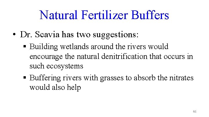 Natural Fertilizer Buffers • Dr. Scavia has two suggestions: § Building wetlands around the