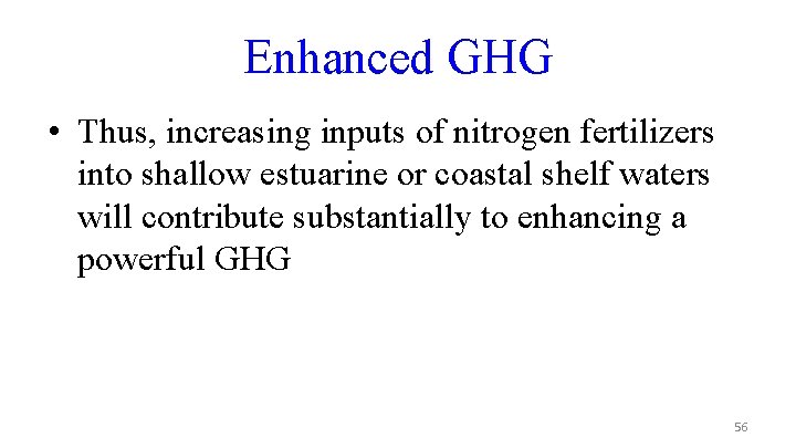 Enhanced GHG • Thus, increasing inputs of nitrogen fertilizers into shallow estuarine or coastal