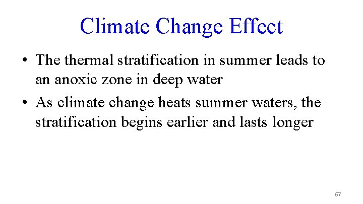 Climate Change Effect • The thermal stratification in summer leads to an anoxic zone