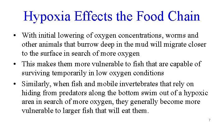 Hypoxia Effects the Food Chain • With initial lowering of oxygen concentrations, worms and