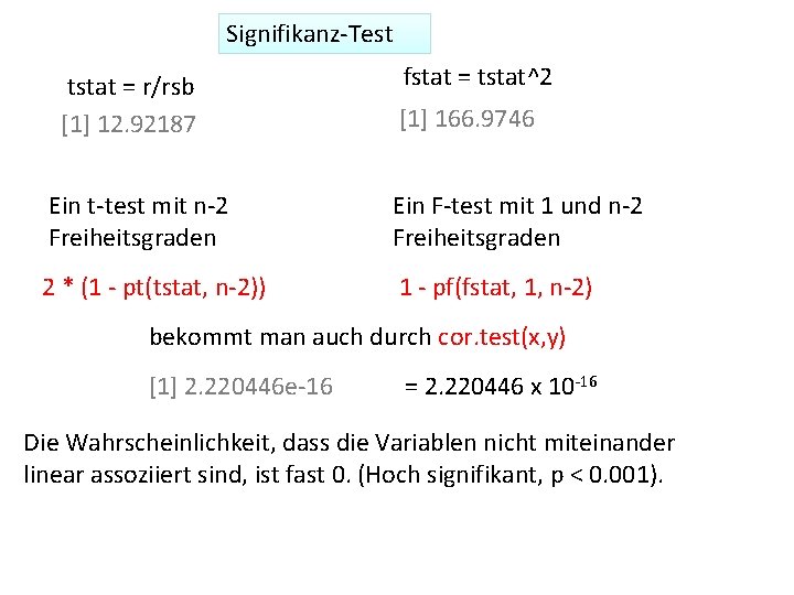 Signifikanz-Test tstat = r/rsb [1] 12. 92187 fstat = tstat^2 [1] 166. 9746 Ein