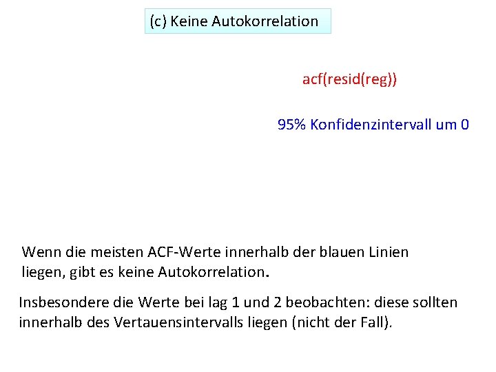 (c) Keine Autokorrelation acf(resid(reg)) 95% Konfidenzintervall um 0 Wenn die meisten ACF-Werte innerhalb der