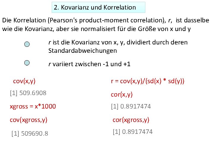 2. Kovarianz und Korrelation Die Korrelation (Pearson's product-moment correlation), r, ist dasselbe wie die