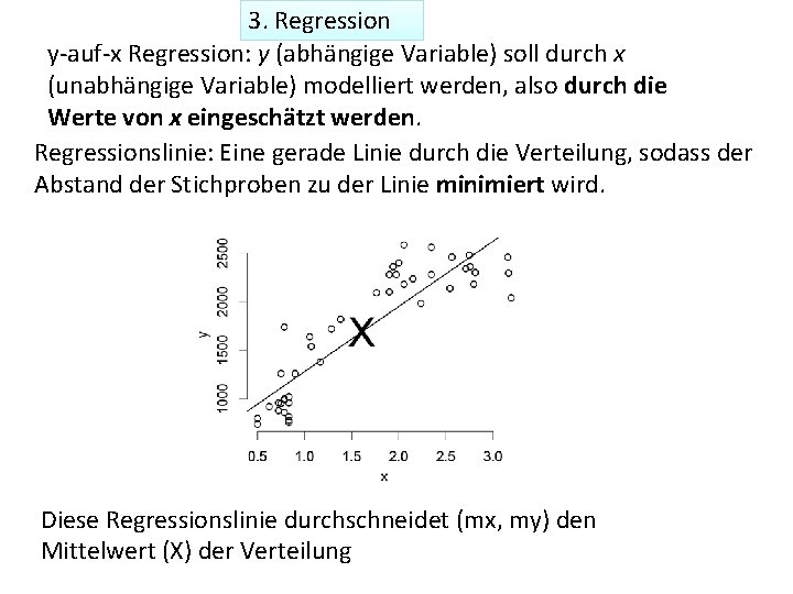 3. Regression y-auf-x Regression: y (abhängige Variable) soll durch x (unabhängige Variable) modelliert werden,