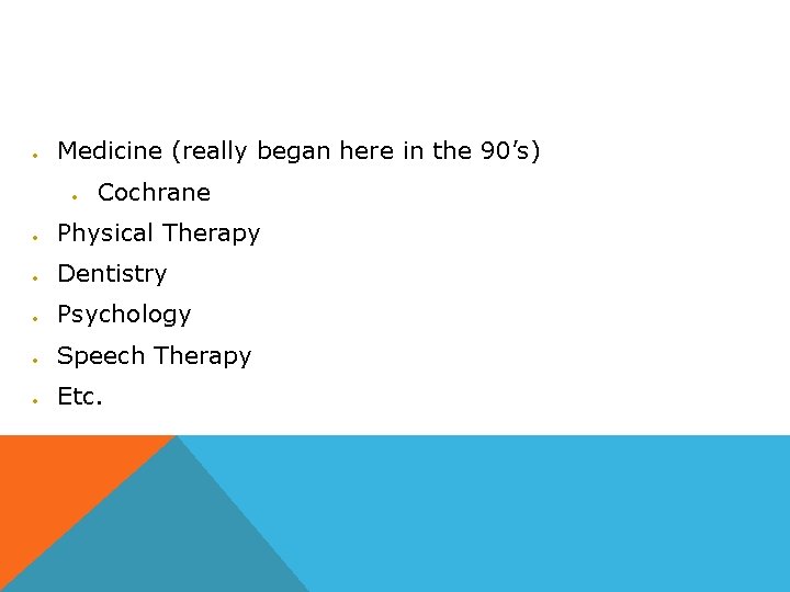  Medicine (really began here in the 90’s) Cochrane Physical Therapy Dentistry Psychology Speech