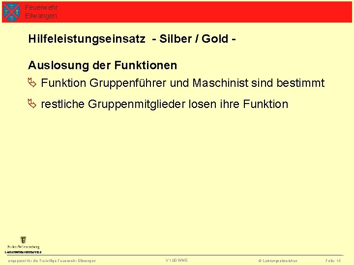 Feuerwehr Ellwangen Hilfeleistungseinsatz - Silber / Gold Auslosung der Funktionen Funktion Gruppenführer und Maschinist