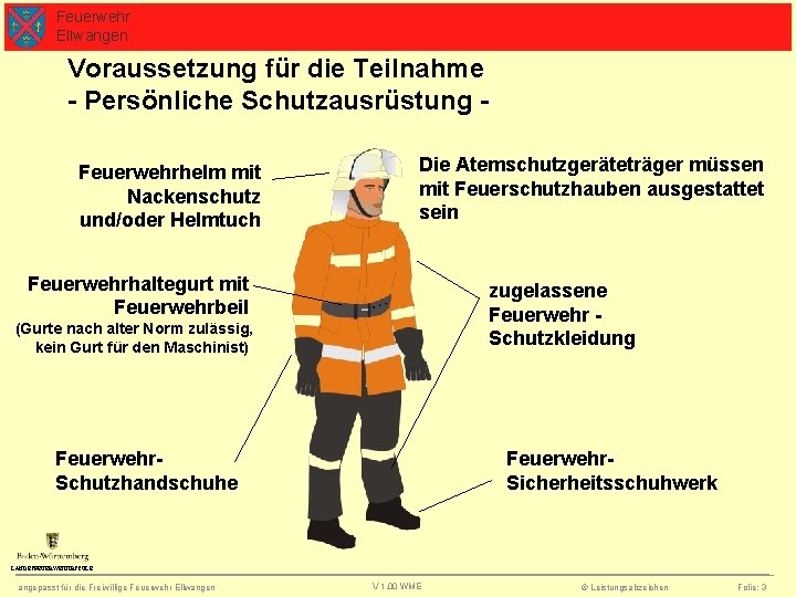 Feuerwehr Ellwangen Voraussetzung für die Teilnahme - Persönliche Schutzausrüstung Feuerwehrhelm mit Nackenschutz und/oder Helmtuch