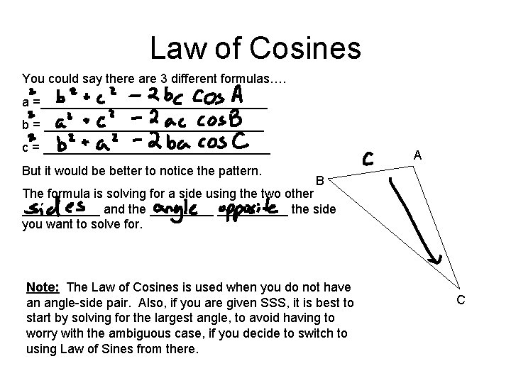 Law of Cosines You could say there are 3 different formulas…. a =________________ b