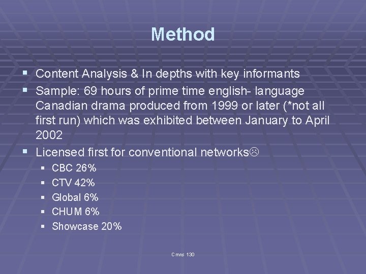 Method § Content Analysis & In depths with key informants § Sample: 69 hours