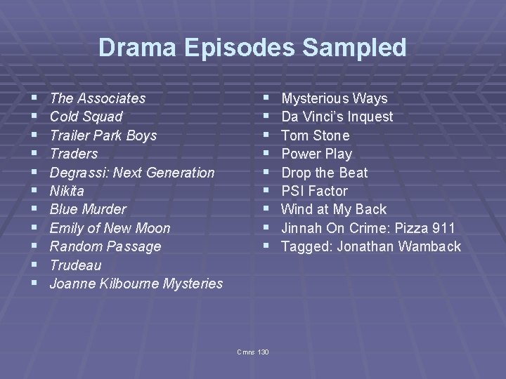 Drama Episodes Sampled § § § The Associates Cold Squad Trailer Park Boys Traders