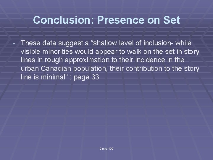 Conclusion: Presence on Set - These data suggest a “shallow level of inclusion- while