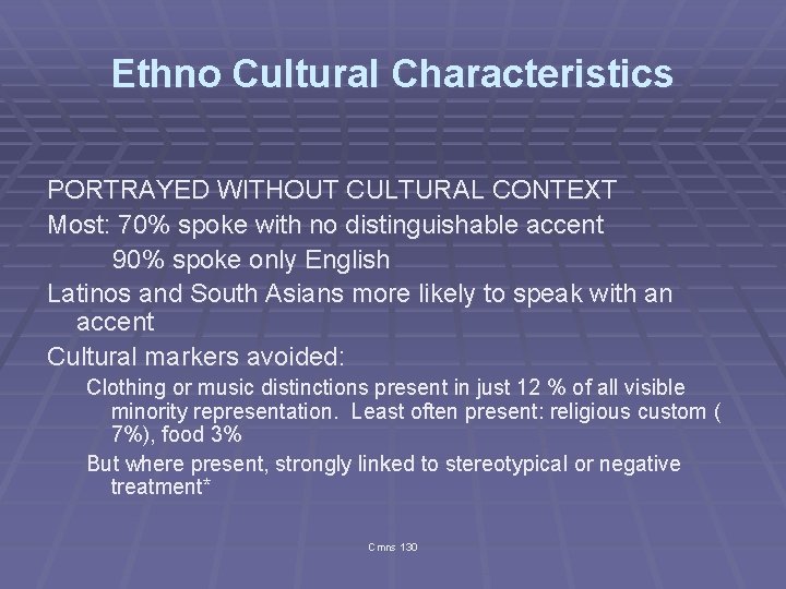 Ethno Cultural Characteristics PORTRAYED WITHOUT CULTURAL CONTEXT Most: 70% spoke with no distinguishable accent