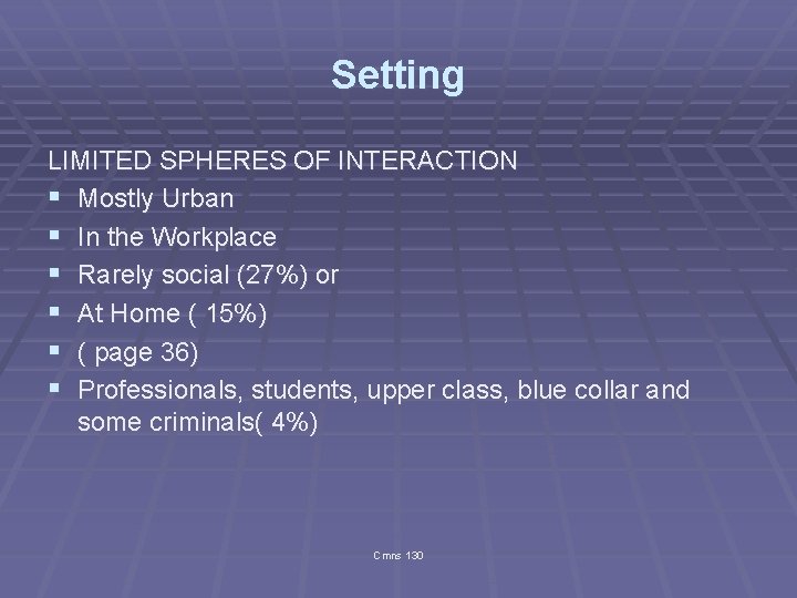 Setting LIMITED SPHERES OF INTERACTION § Mostly Urban § In the Workplace § Rarely