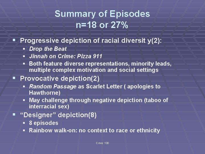 Summary of Episodes n=18 or 27% § Progressive depiction of racial diversit y(2): §