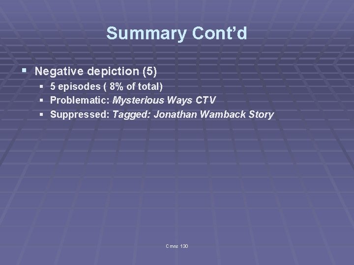 Summary Cont’d § Negative depiction (5) § § § 5 episodes ( 8% of