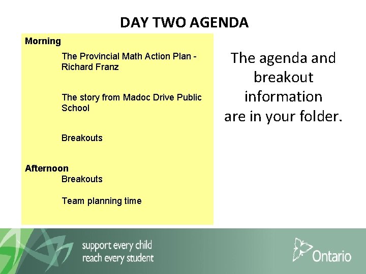 DAY TWO AGENDA Morning The Provincial Math Action Plan Richard Franz The story from