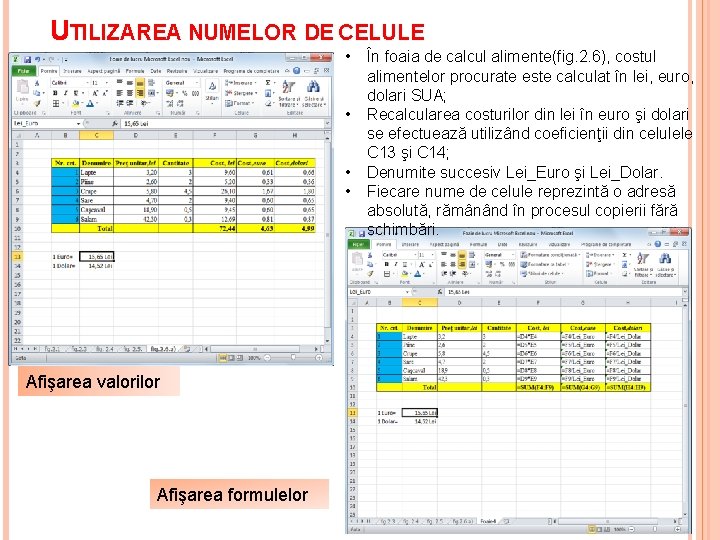 UTILIZAREA NUMELOR DE CELULE • • Afişarea valorilor Afişarea formulelor În foaia de calcul