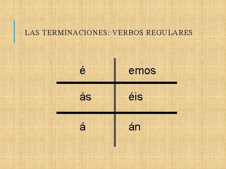 LAS TERMINACIONES: VERBOS REGULARES é emos ás éis á án 