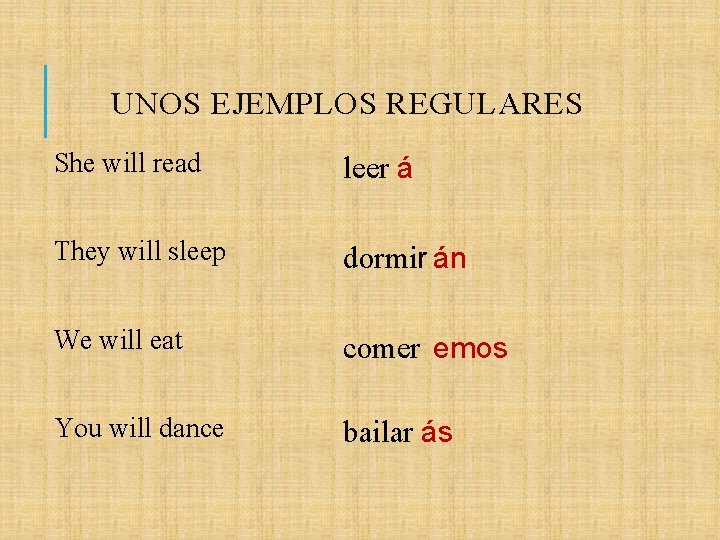 UNOS EJEMPLOS REGULARES She will read leer á They will sleep dormir án We