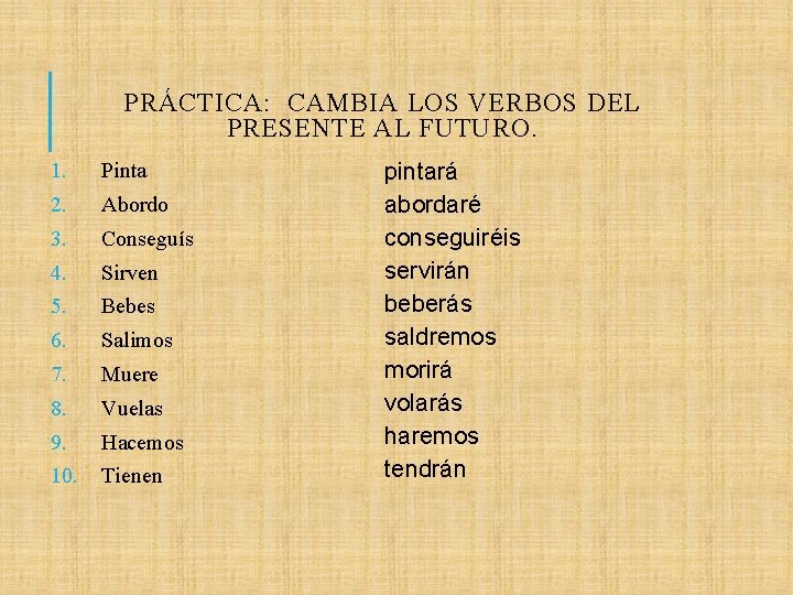 PRÁCTICA: CAMBIA LOS VERBOS DEL PRESENTE AL FUTURO. 1. Pinta 2. Abordo 3. Conseguís