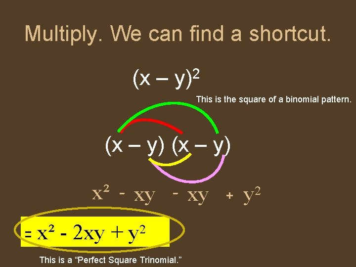 Multiply. We can find a shortcut. (x – 2 y) This is the square