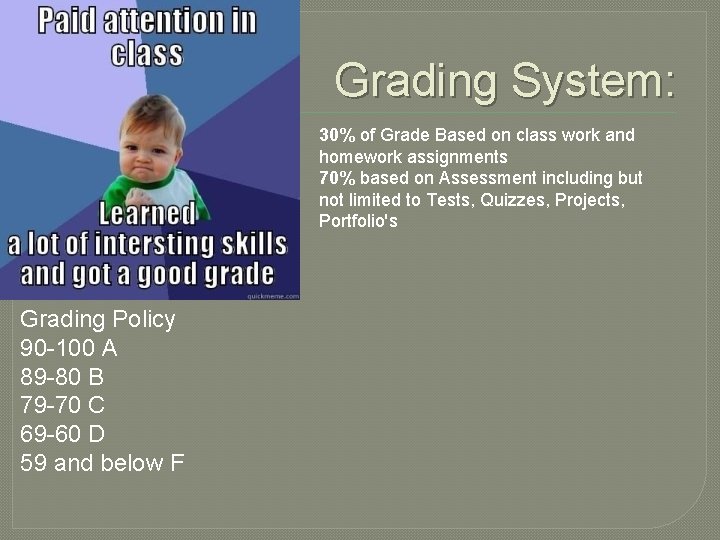 Grading System: 30% of Grade Based on class work and homework assignments 70% based