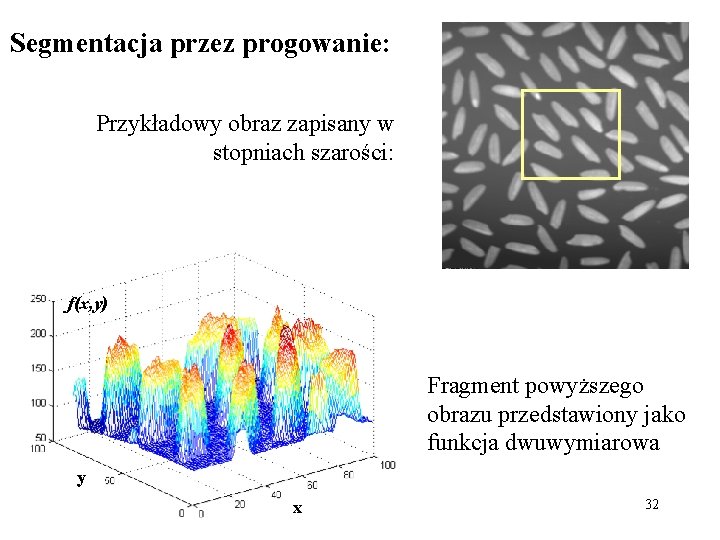 Segmentacja przez progowanie: Przykładowy obraz zapisany w stopniach szarości: f(x, y) Fragment powyższego obrazu