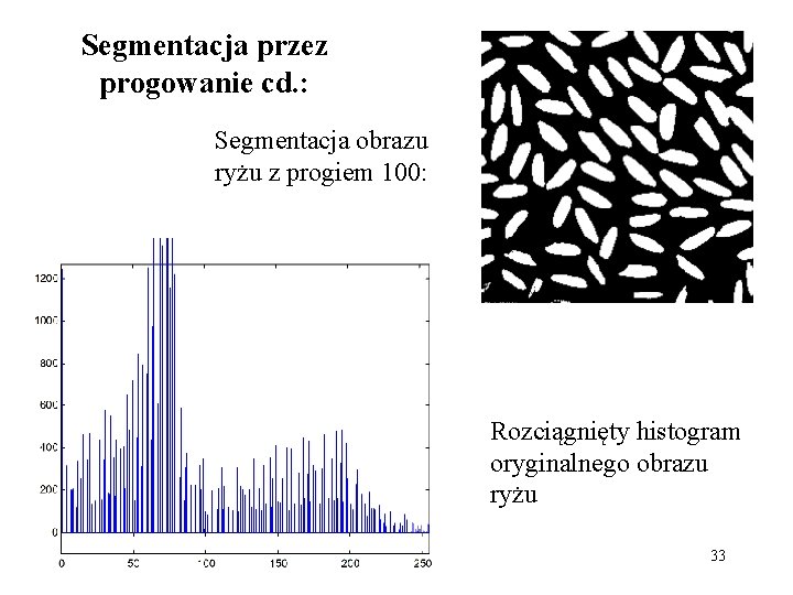 Segmentacja przez progowanie cd. : Segmentacja obrazu ryżu z progiem 100: Rozciągnięty histogram oryginalnego