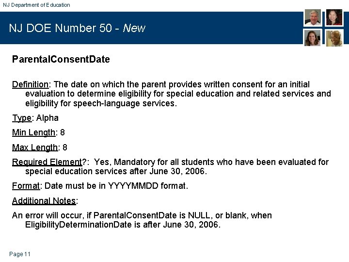 NJ Department of Education NJ DOE Number 50 - New Parental. Consent. Date Definition: