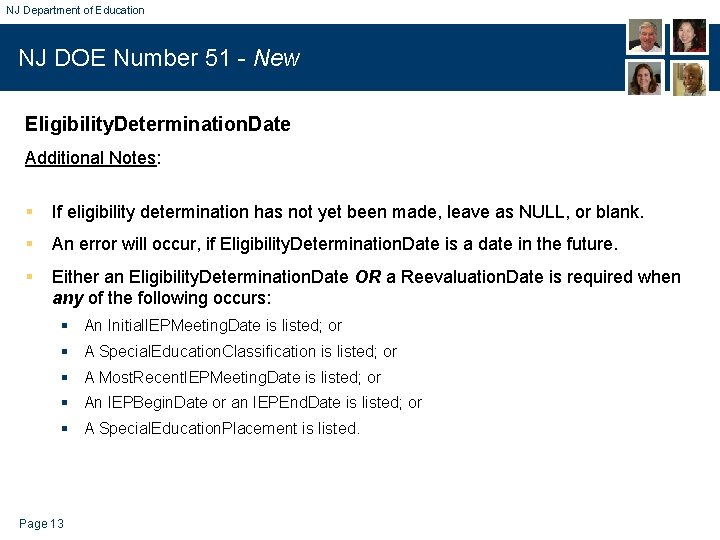 NJ Department of Education NJ DOE Number 51 - New Eligibility. Determination. Date Additional