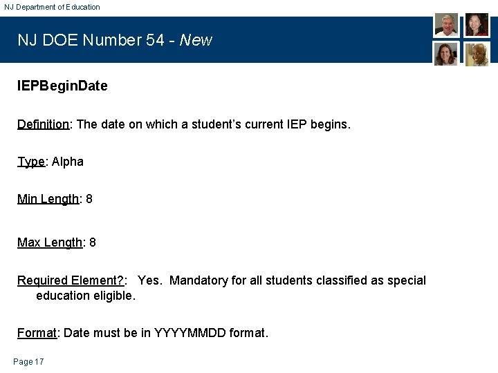 NJ Department of Education NJ DOE Number 54 - New IEPBegin. Date Definition: The