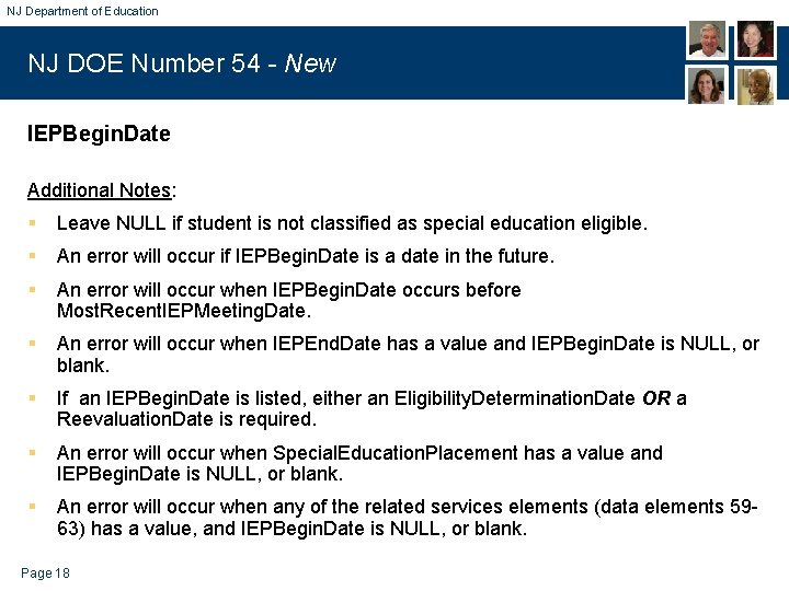 NJ Department of Education NJ DOE Number 54 - New IEPBegin. Date Additional Notes: