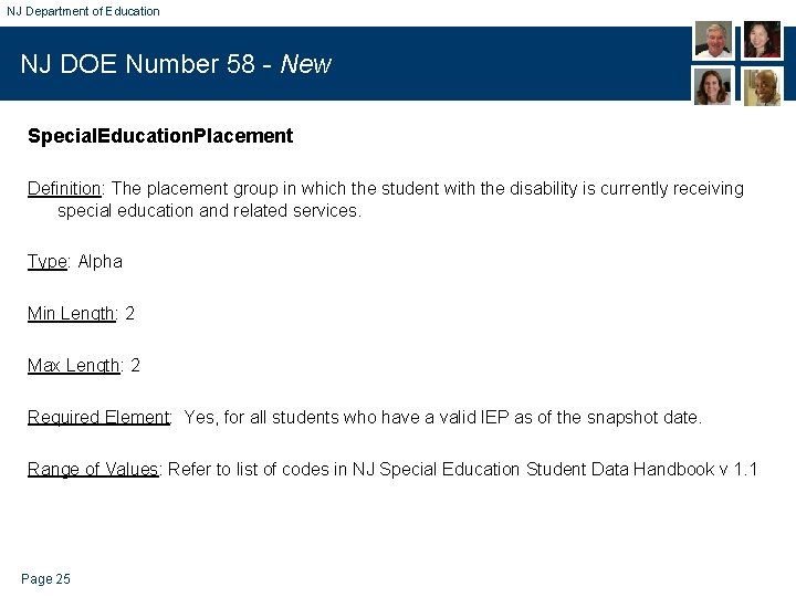 NJ Department of Education NJ DOE Number 58 - New Special. Education. Placement Definition: