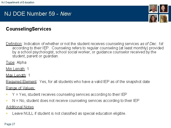 NJ Department of Education NJ DOE Number 59 - New Counseling. Services Definition: Indication