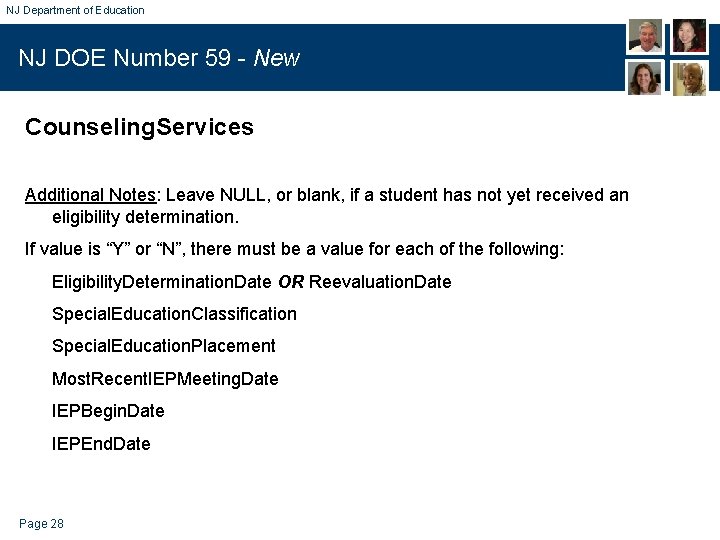 NJ Department of Education NJ DOE Number 59 - New Counseling. Services Additional Notes: