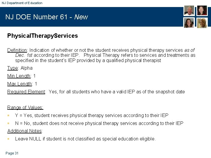 NJ Department of Education NJ DOE Number 61 - New Physical. Therapy. Services Definition: